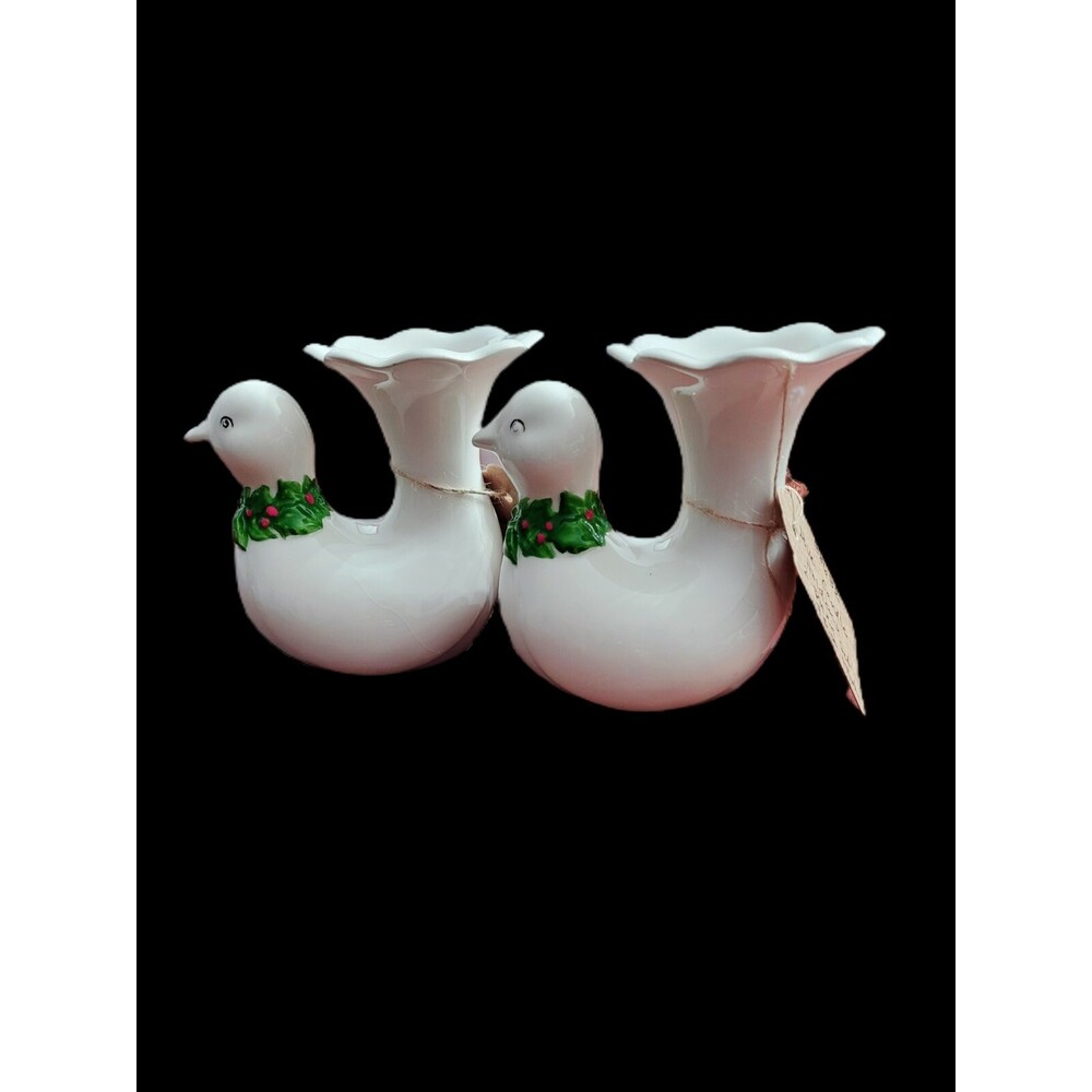 1978 Vintage Fitz &Floyd Pair Of White Dove Candle Holders +Holly Design On Neck